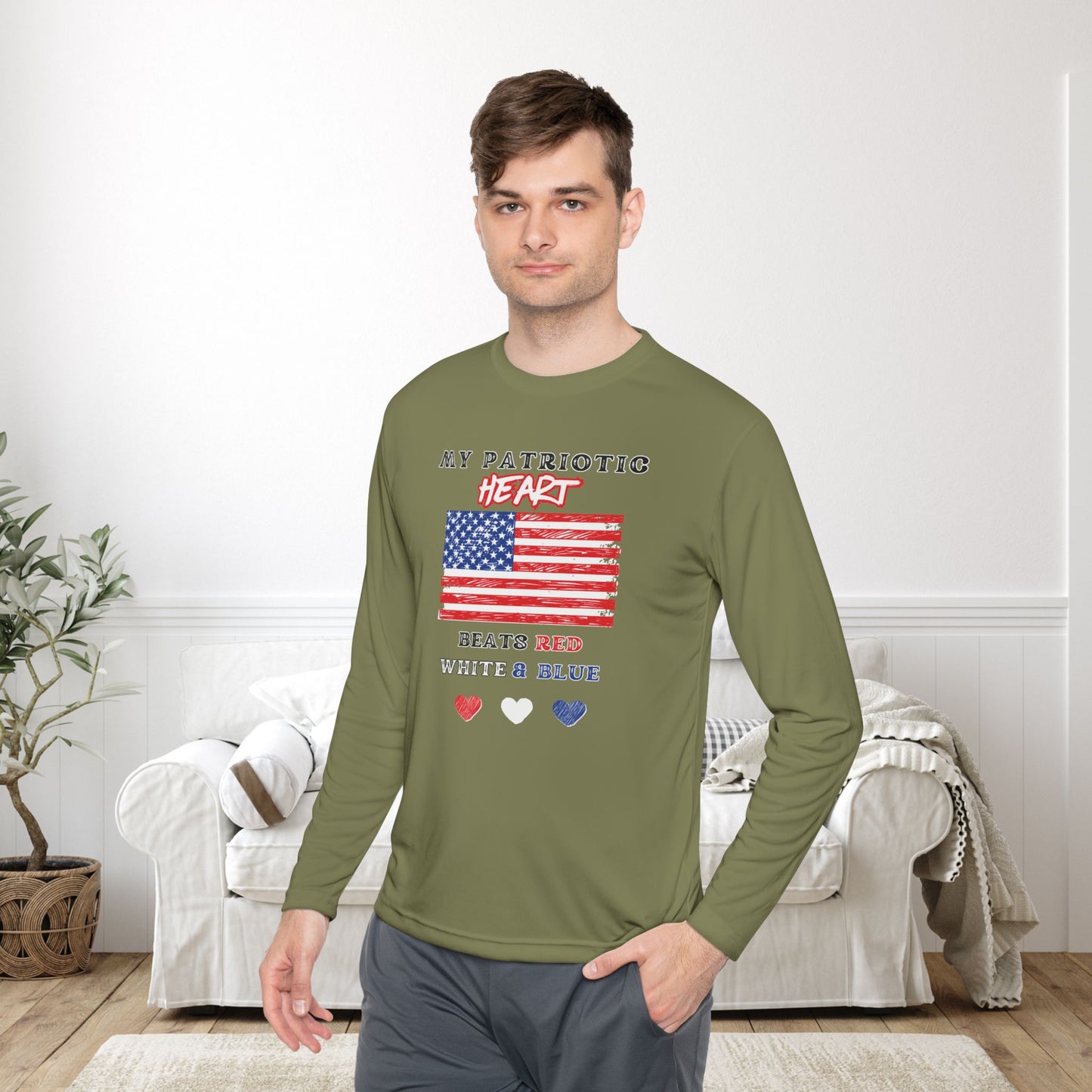 My Patriotic Heart Beats Red White and Blue Adult Long Sleeve Tee