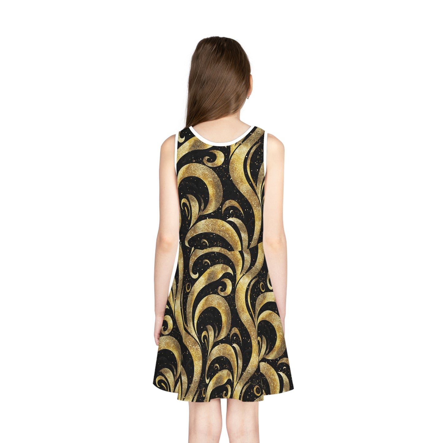 Black & Gold Luxe Swirl Girls' Sleeveless Sundress