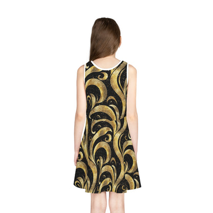 Black & Gold Luxe Swirl Girls' Sleeveless Sundress