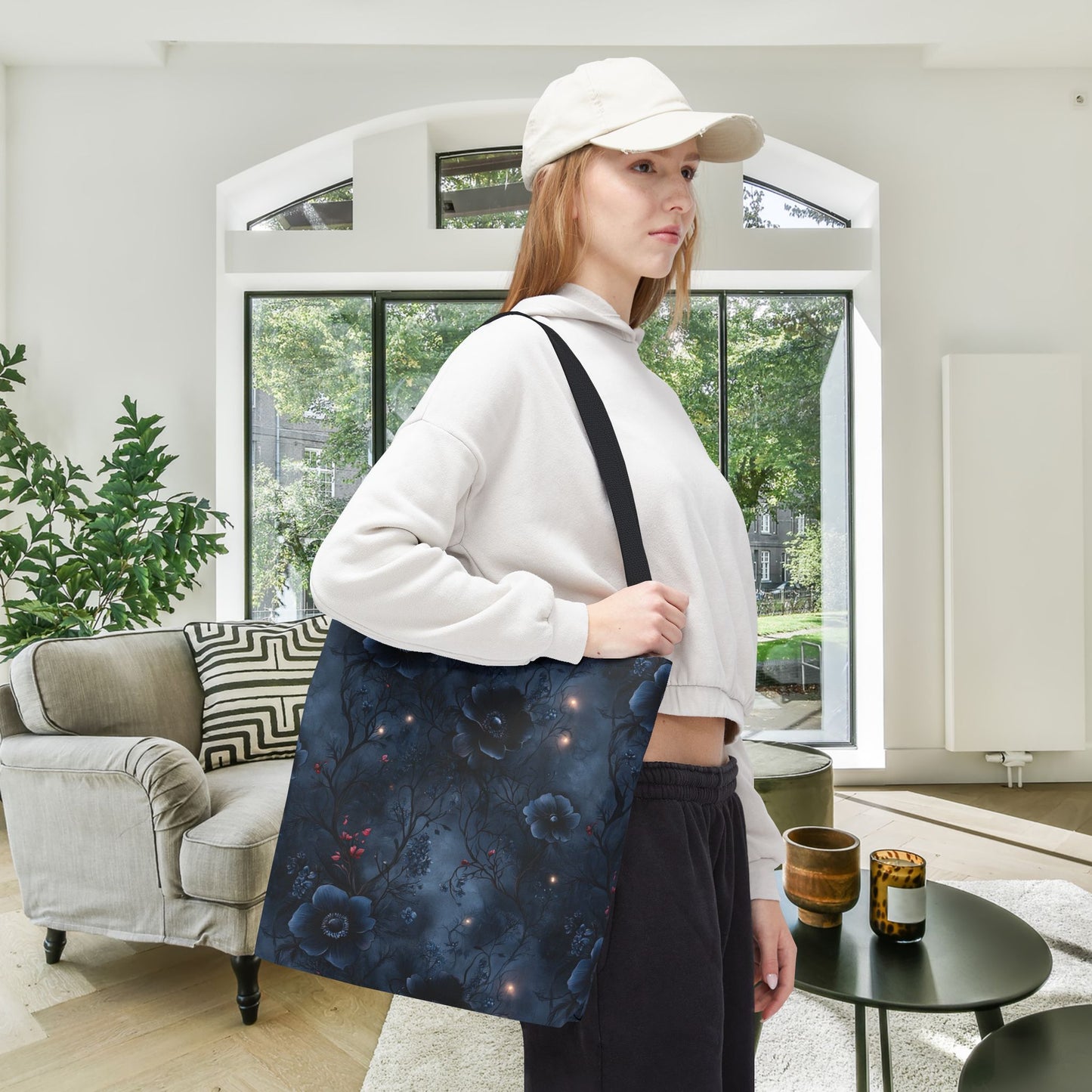 Black Roses & Vines Forget-Me-Nots Canvas Tote Bag
