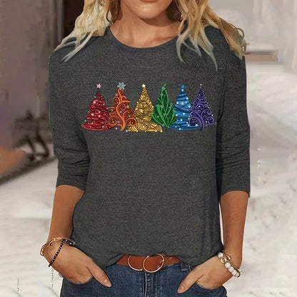 Women's Long-sleeved T-shirt Christmas Tree Printed Round Neck Loose Casual up to 6x