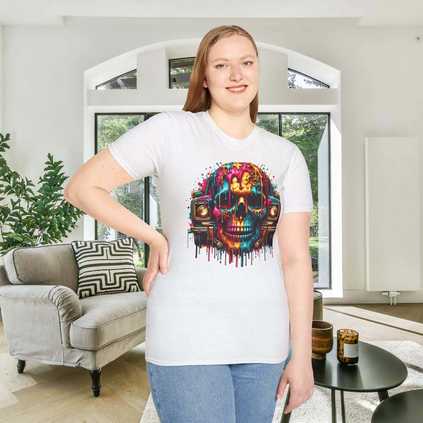 Colorful Skull & Car Adult T-shirt