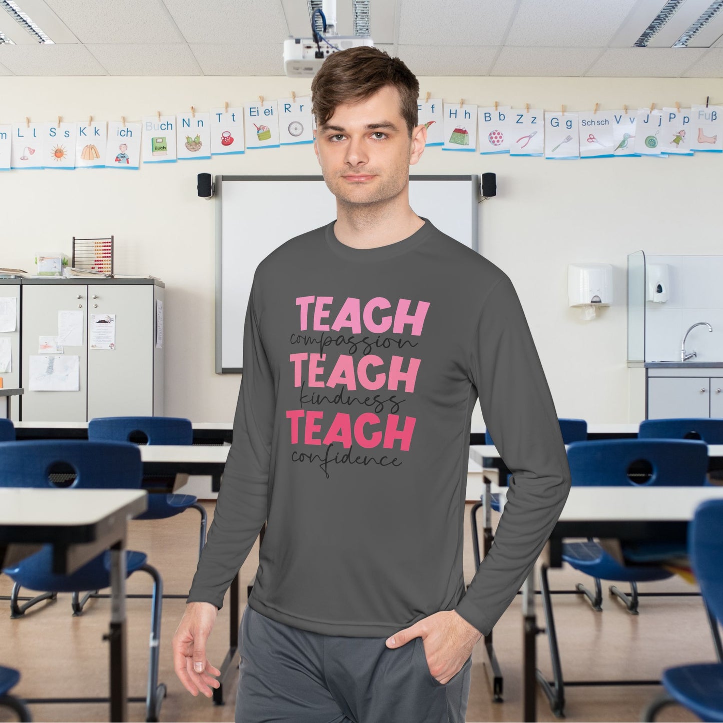 Teach Compassion, Kindness, Confidence Adult Long Sleeve Tee