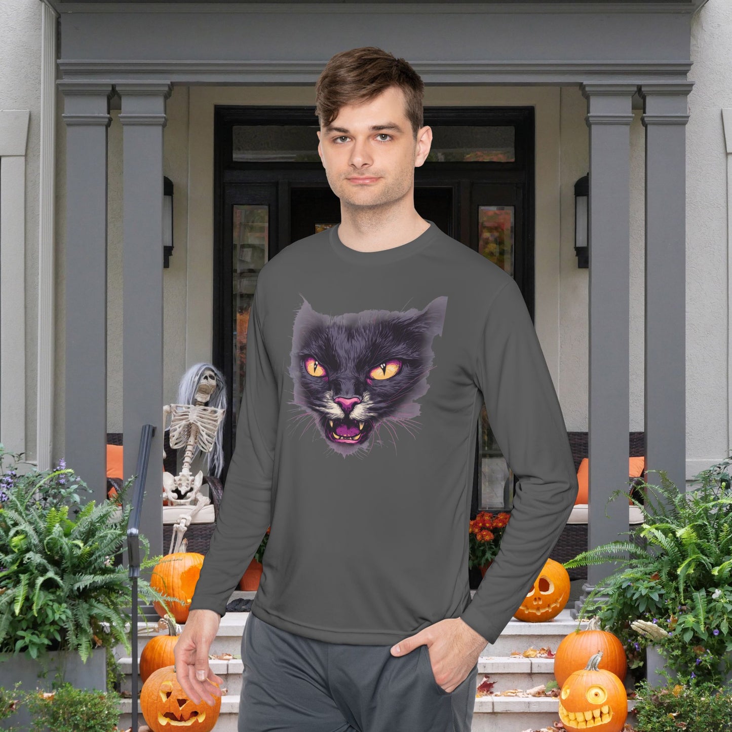 Black Cat Face Adult Long Sleeve Tee