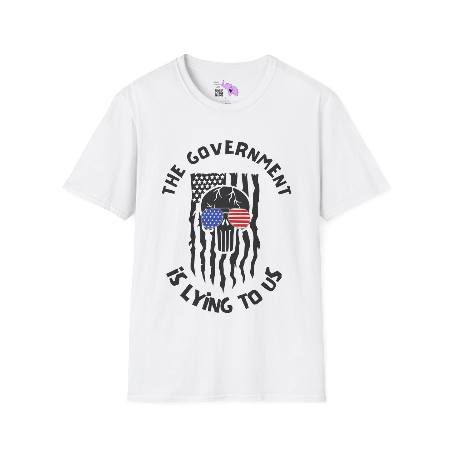The Government is Lying To Us Skull w/Glasses Over Flag Adult T-shirt