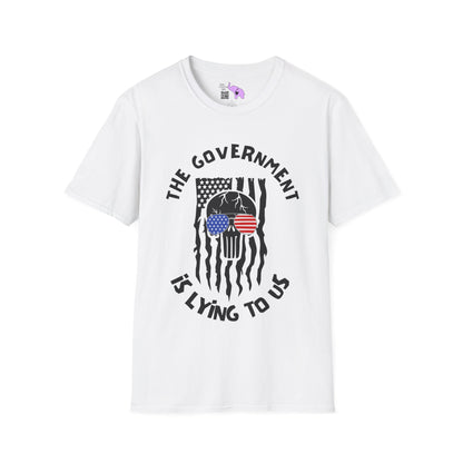 The Government is Lying To Us Skull w/Glasses Over Flag Adult T-shirt