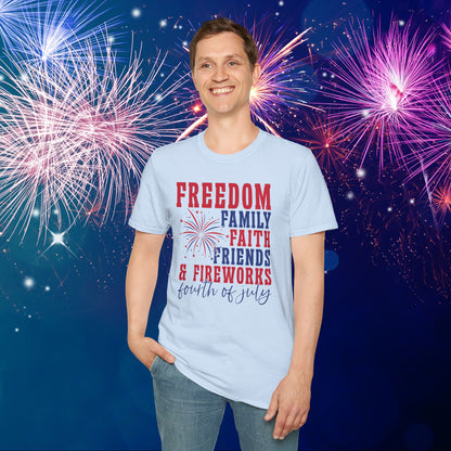 Freedom Family Faith Friends Fireworks 4th of July Adult T-shirt