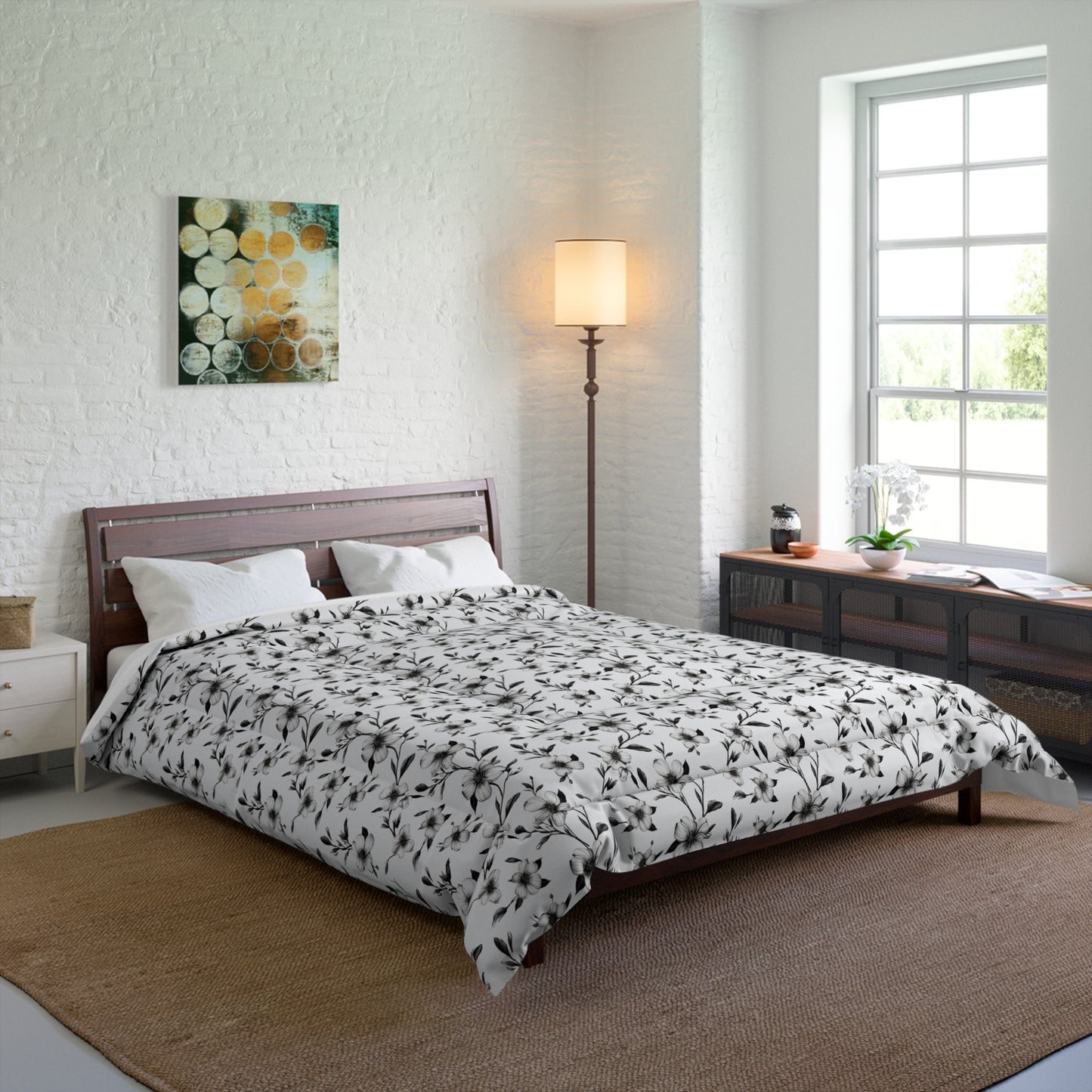 Black & White Five Petal Floral Basic Bedding Set