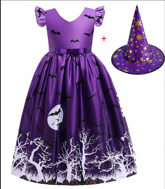 Halloween Cute Witch Dress Printed Mesh