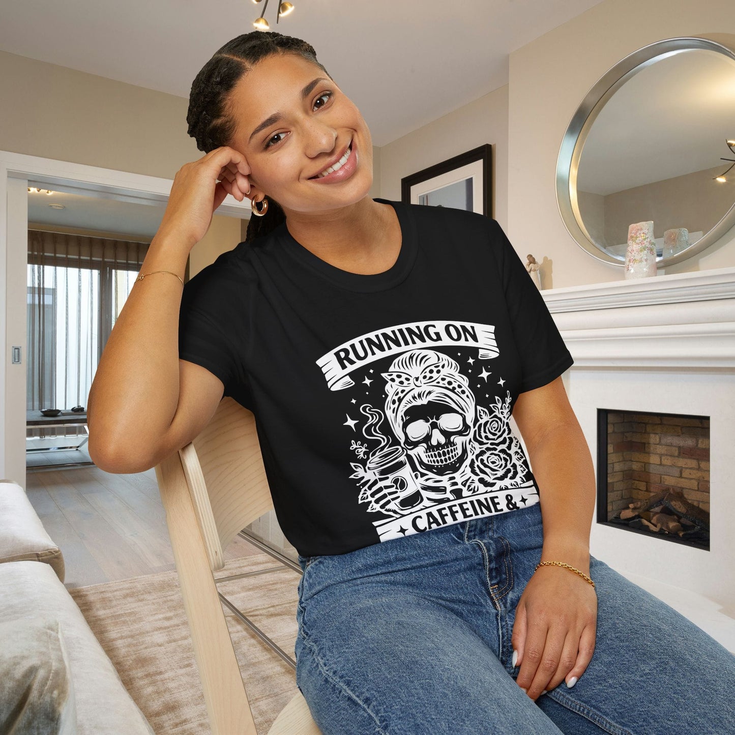 Running on Caffeine and Sarcasm (Roses) Adult T-shirt