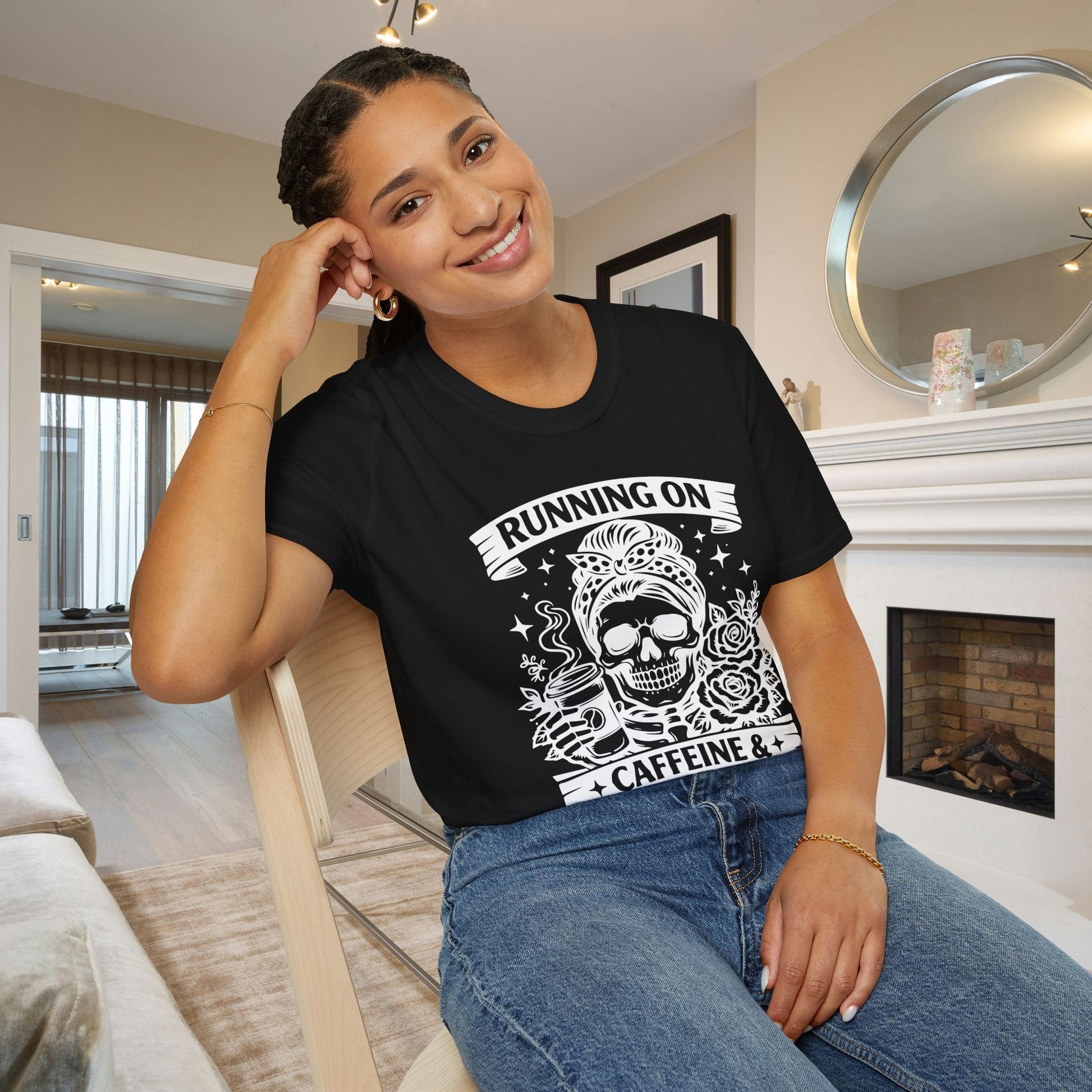 Running on Caffeine and Sarcasm (Roses) Adult T-shirt