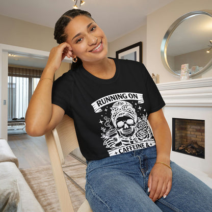 Running on Caffeine and Sarcasm (Roses) Adult T-shirt