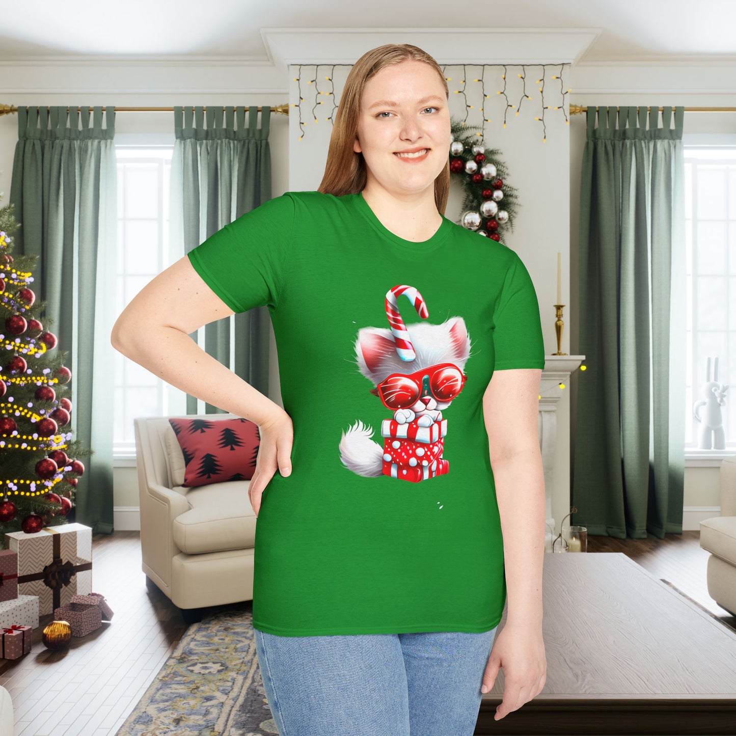 Candy Cane Kitten Adult T-shirt