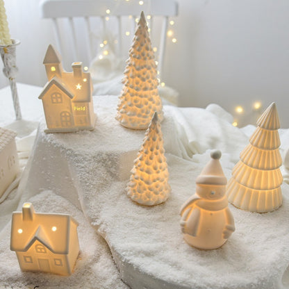 Festive Ceramic Christmas Display – Tree, Snowman, and House