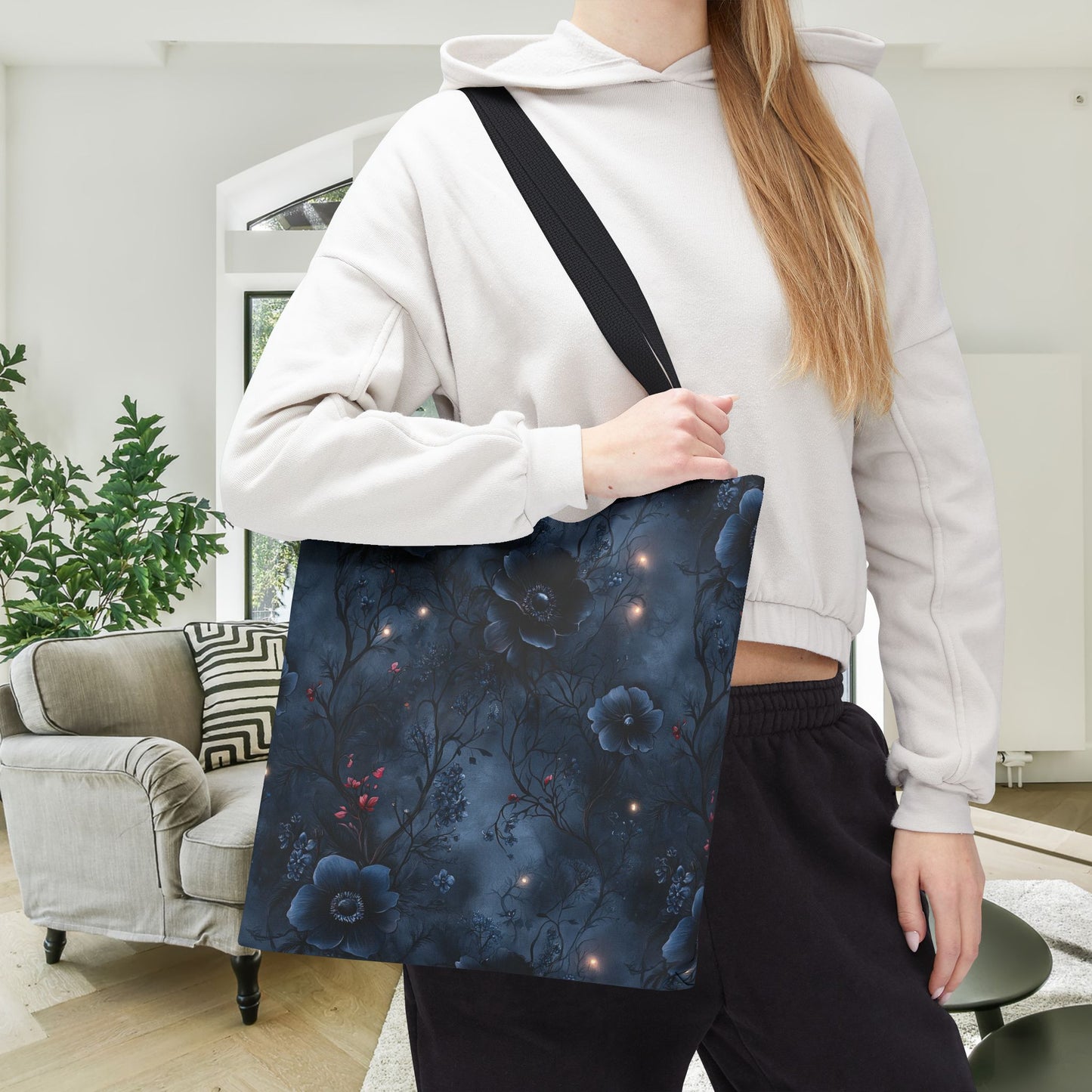 Black Roses & Vines Forget-Me-Nots Canvas Tote Bag