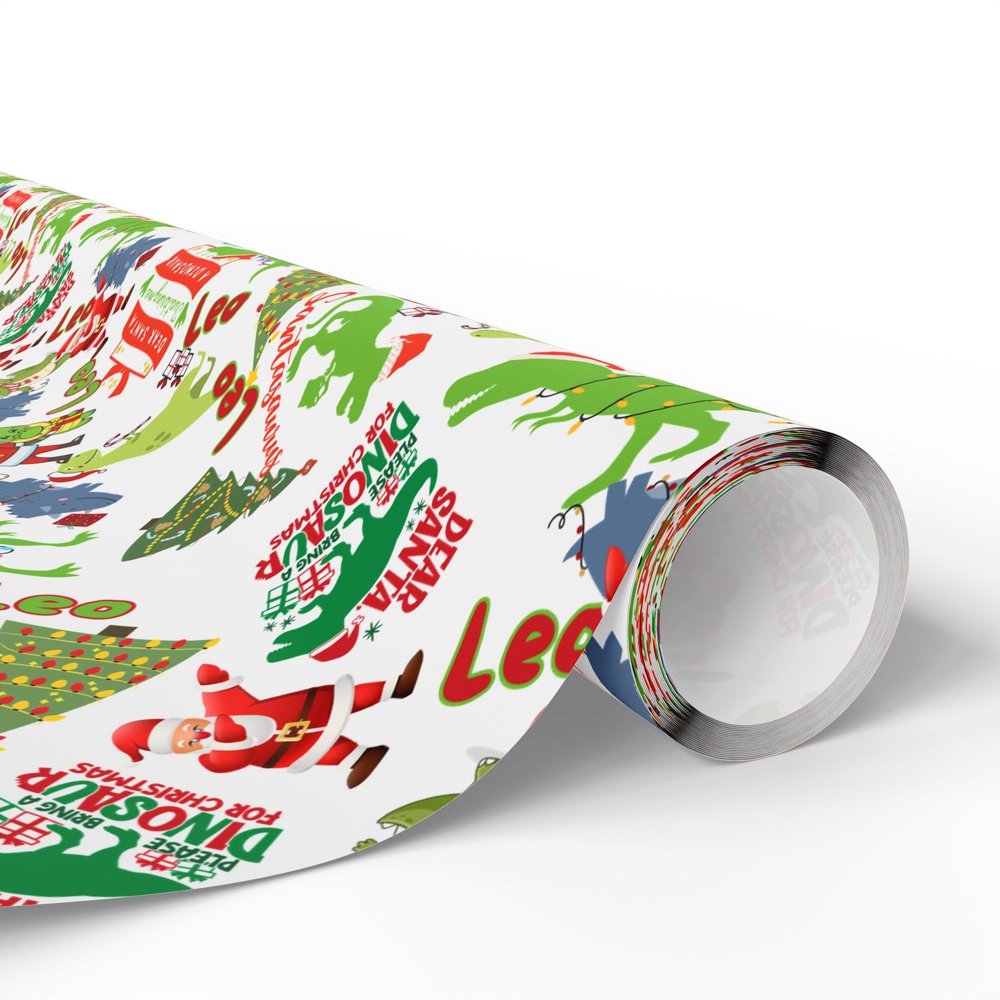 Dinosaur Santa Themed Custom Name Wrapping Paper (Leo)
