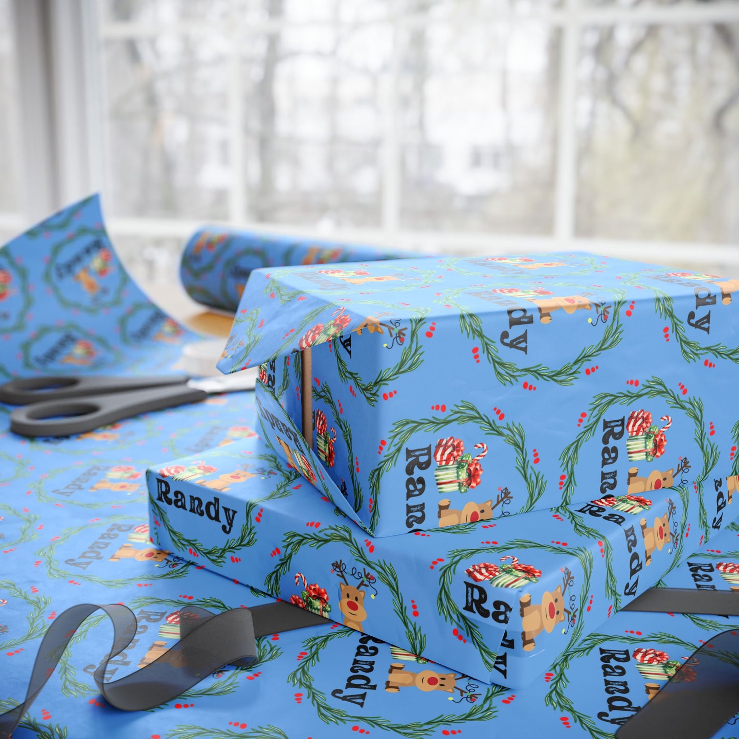 Cute Reindeer Wreath Custom Wrapping Paper (Randy)