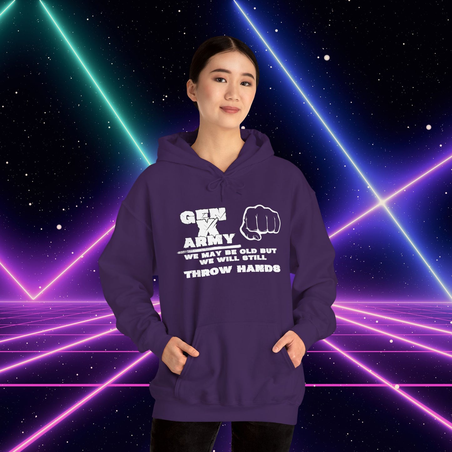 Gen X Army We May Be Old But We Will Still Throw Hands Heavy Blend™ Hooded Sweatshirt