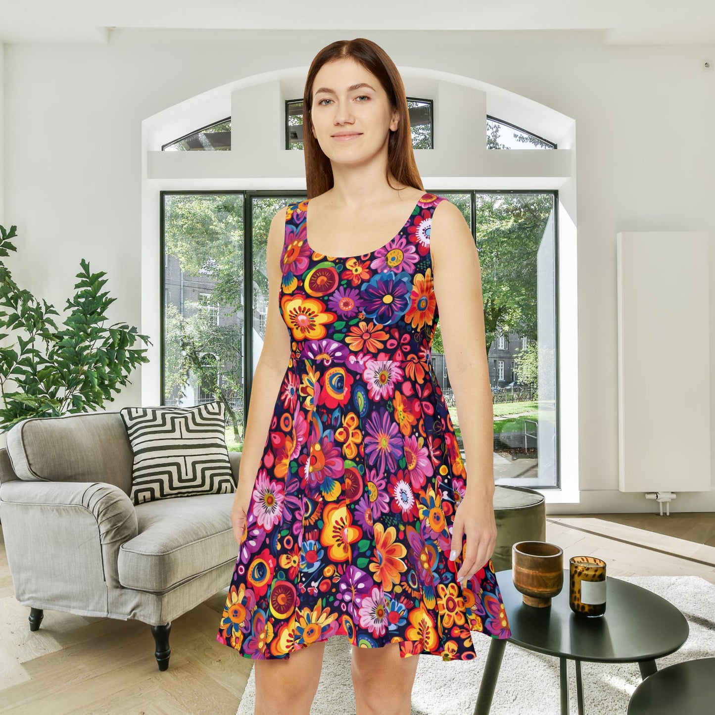 Vivid Floral on Black Women's Skater Dress - Fun Spring Floral Dress for Every Occasion