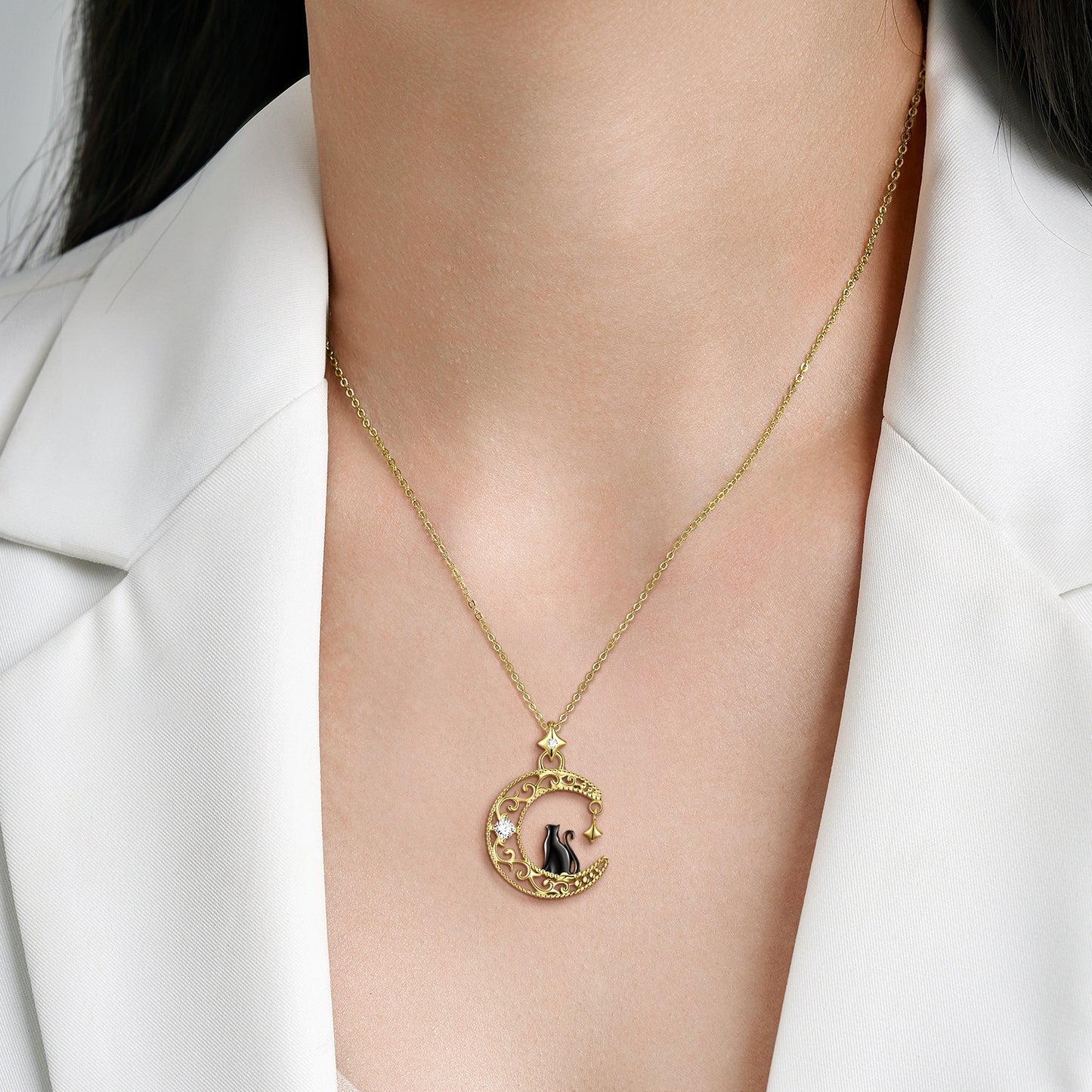 Black Cat in the Moon Sterling Silver Necklace