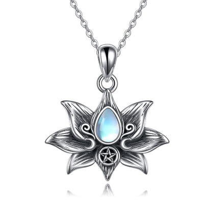 Triple Moon Goddess & Lotus Pendant with Moonstone Sterling Silver Necklace