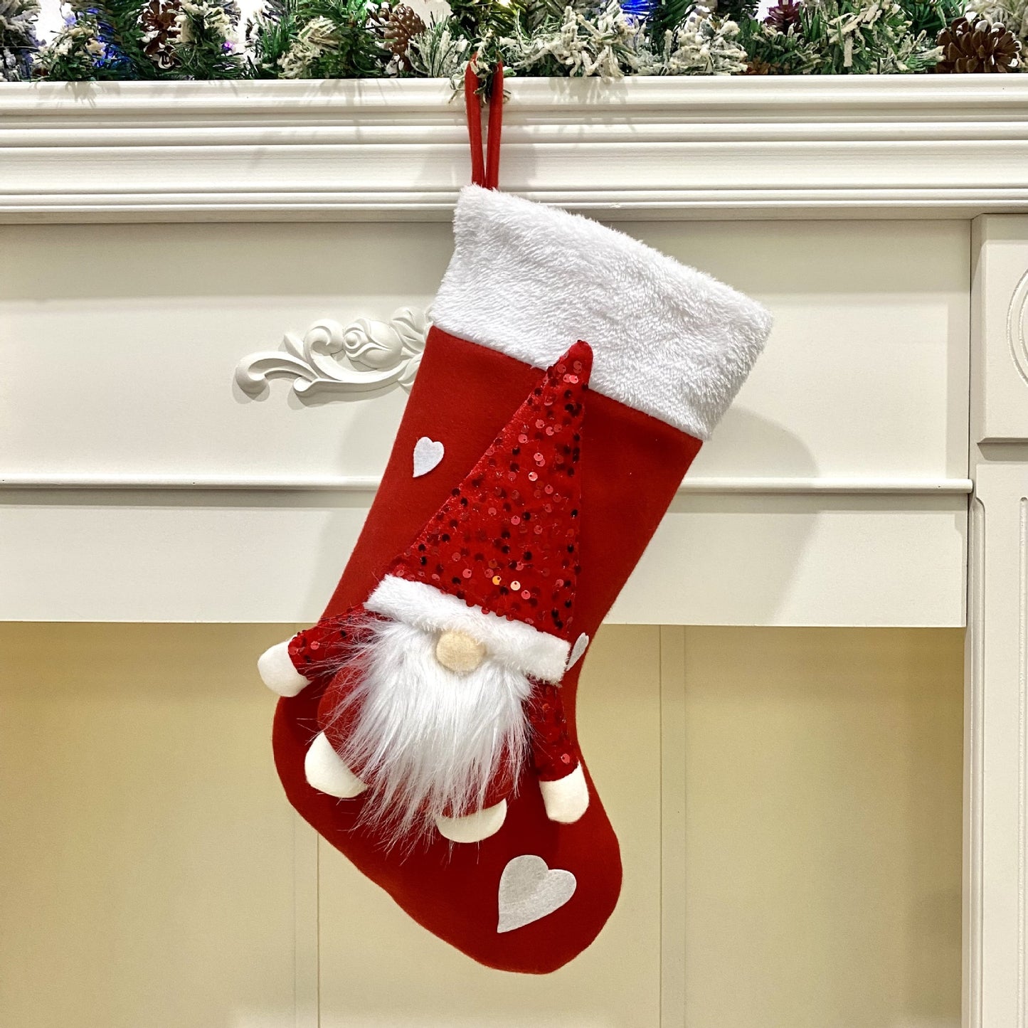 Gnome Christmas Stockings – 3D Plush Gnomes with Sparkling Sequin Hats