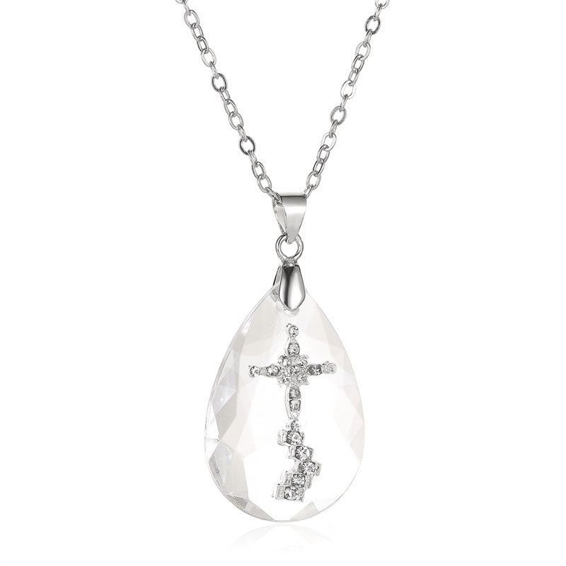 Simple Rhinestone Cross in Crystal Pendant Necklace