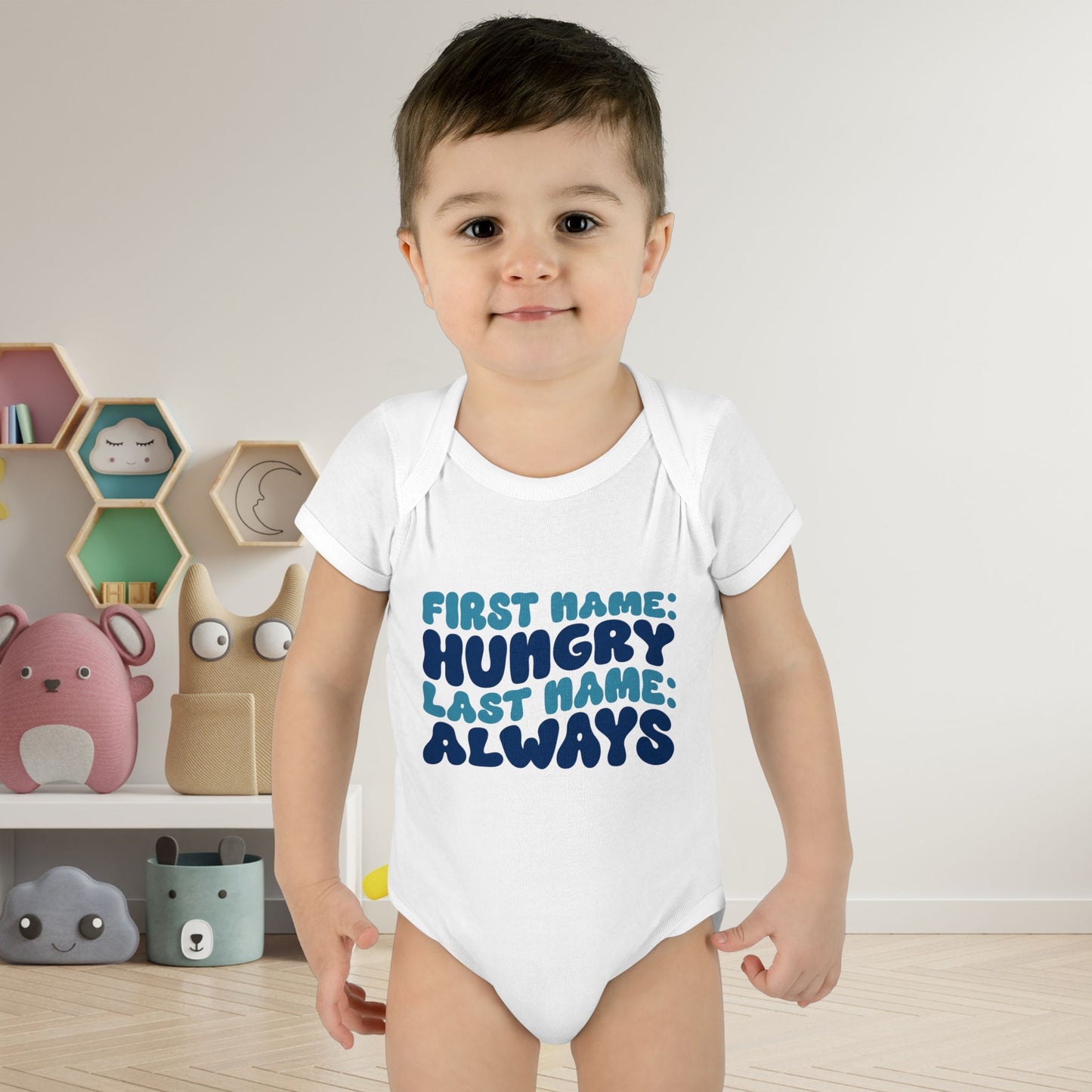 First Name: Hungry Last Name: Always Infant Baby Rib Bodysuit