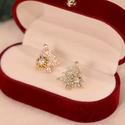 Rhinestone Christmas Tree Earrings with Spinning Snowflakes – Gold or Silver