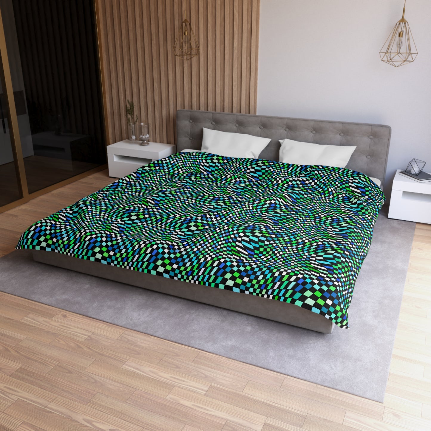 Warped Green Checkered Microfiber Duvet Cover