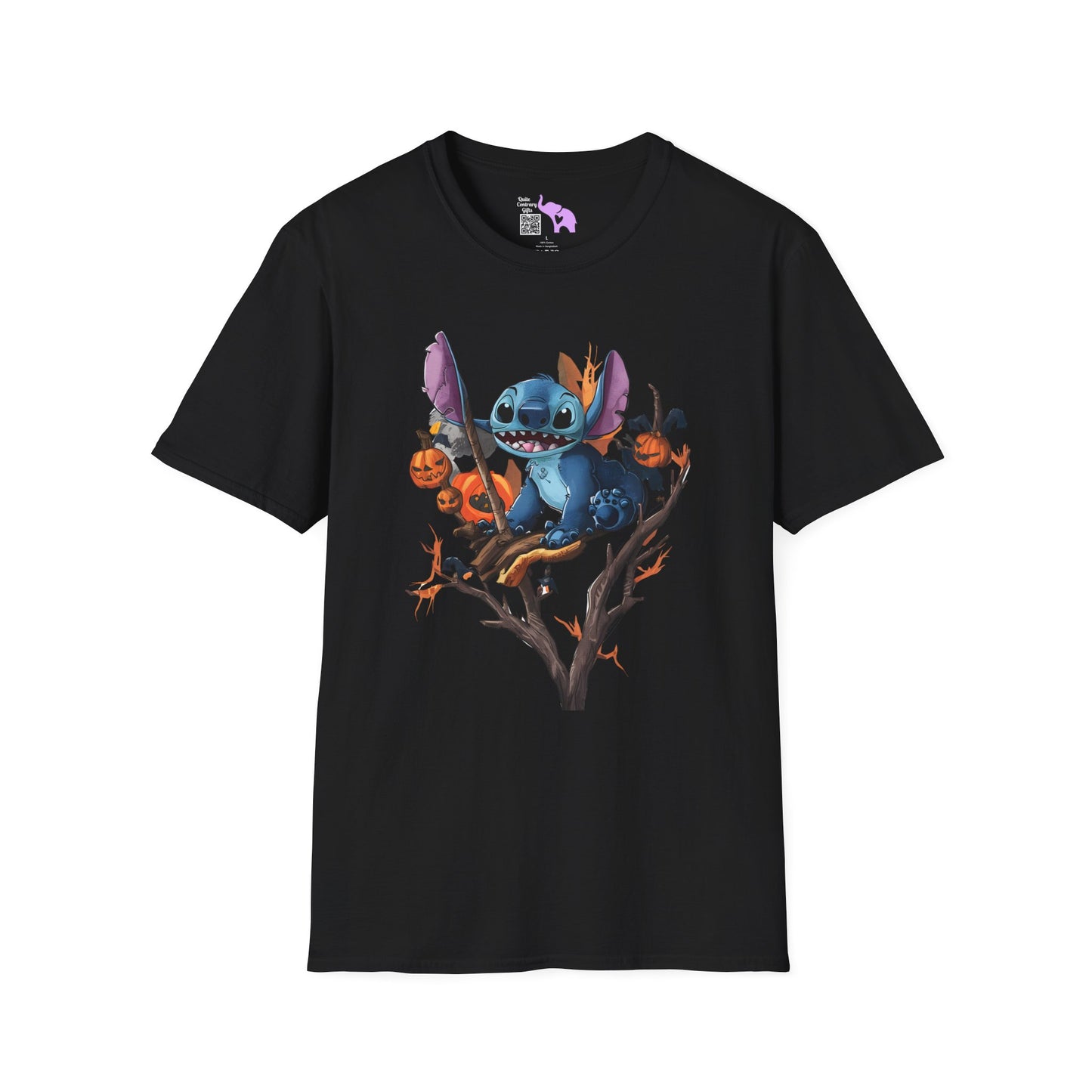 Halloween Stitch in Tree w/Pumpkins Adult T-shirt
