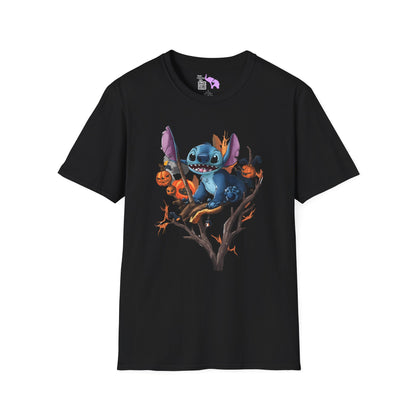 Halloween Stitch in Tree w/Pumpkins Adult T-shirt
