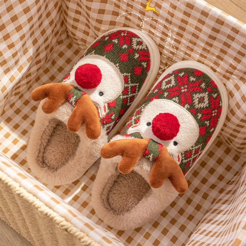 Cute Christmas Plaid Reindeer Plush House Slippers