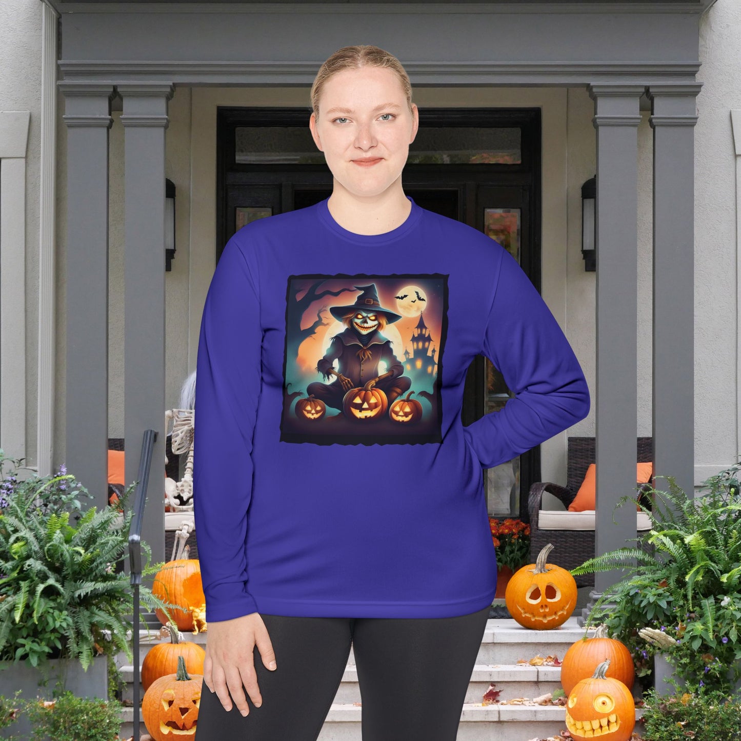 Halloween Scarecrow w/Pumpkins Adult Long Sleeve Tee