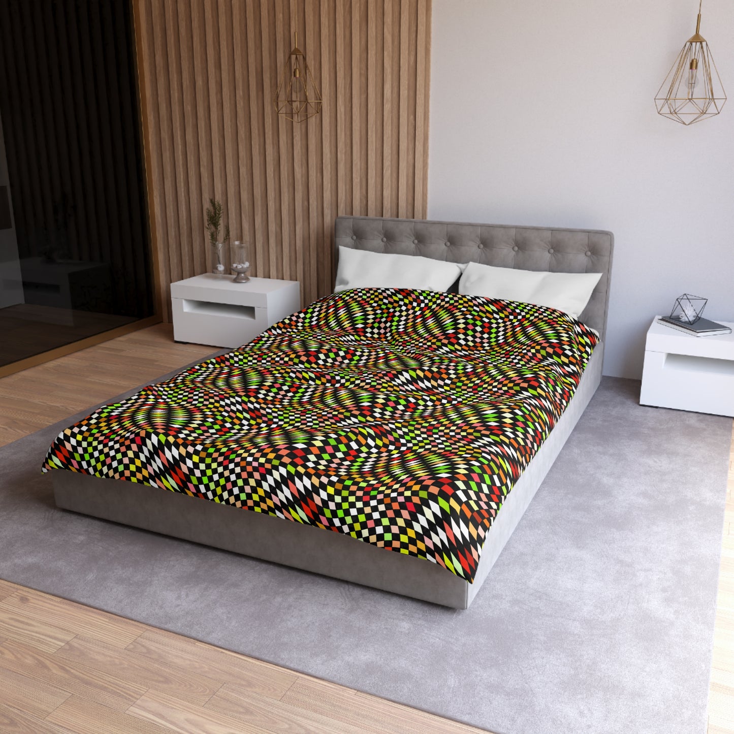 Warped Yellow/Green Checkered Microfiber Duvet Cover