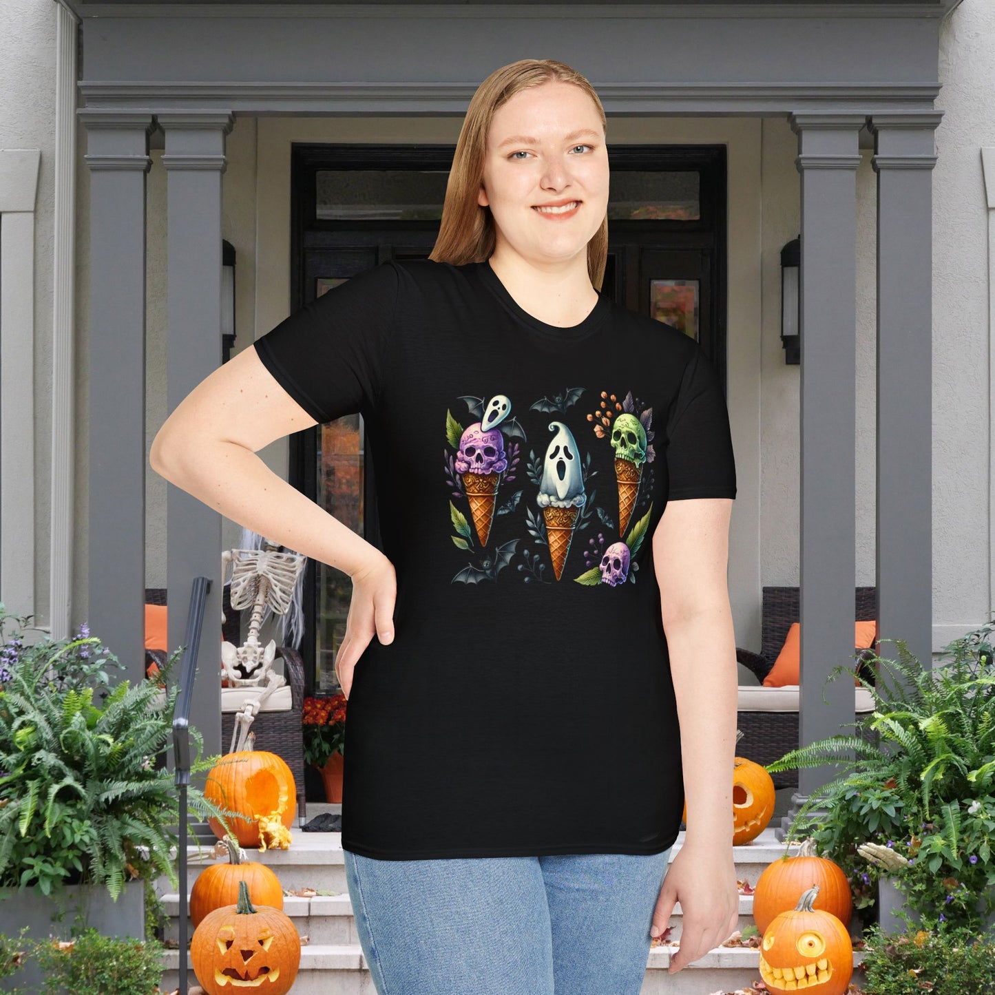 Ice Cream Cones w/Pumpkins and Ghost Adult  T-shirt