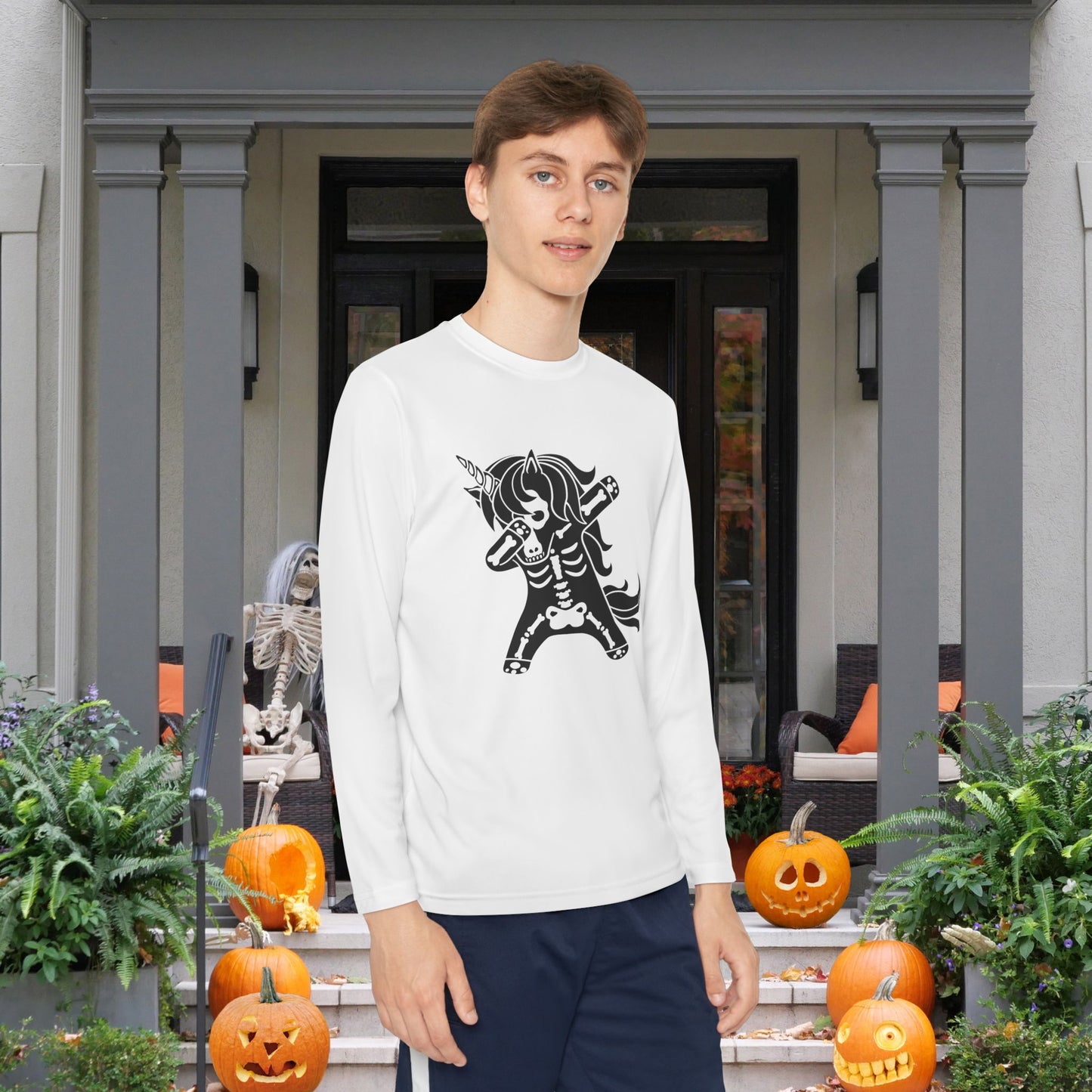 Dabbing Unicorn Skeleton Youth Long Sleeve Tee