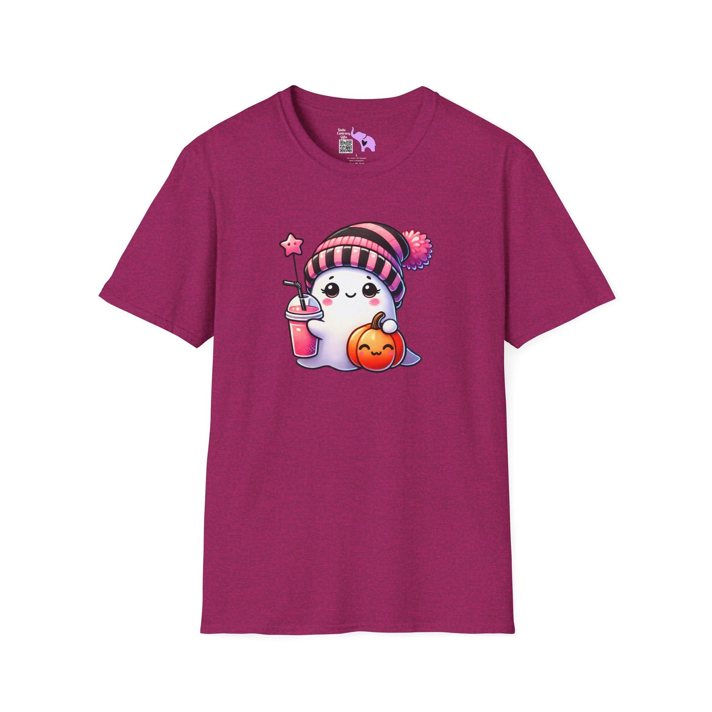Cute Ghost w/Pumpkin and Pink Drink Adult T-shirt
