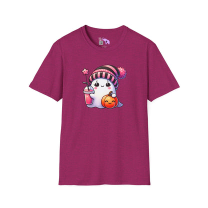 Cute Ghost w/Pumpkin and Pink Drink Adult T-shirt