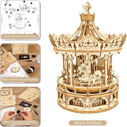 Carousel 3D DIY Wooden Puzzle Model Rotating Music Box