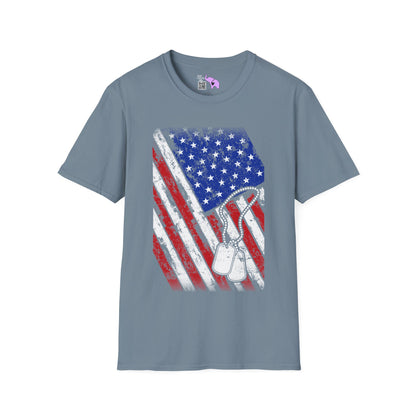 Distressed American Flag w/Dog Tags Adult T-Shirt