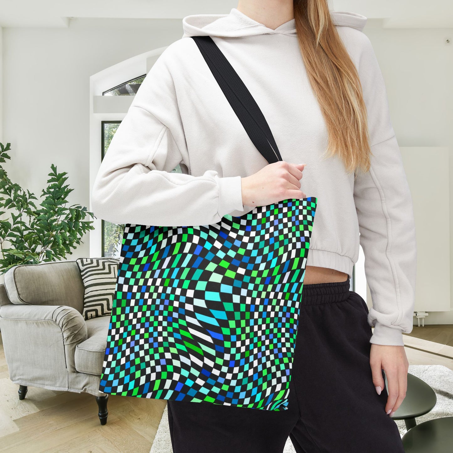 Warped Green Checkered Canvas Tote Bag