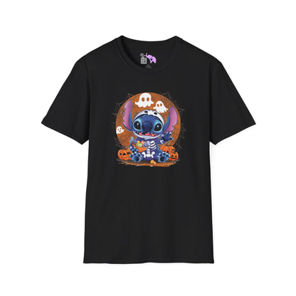 Halloween Skeleton Stitch w/Ghosts & Pumpkins Adult T-shirt