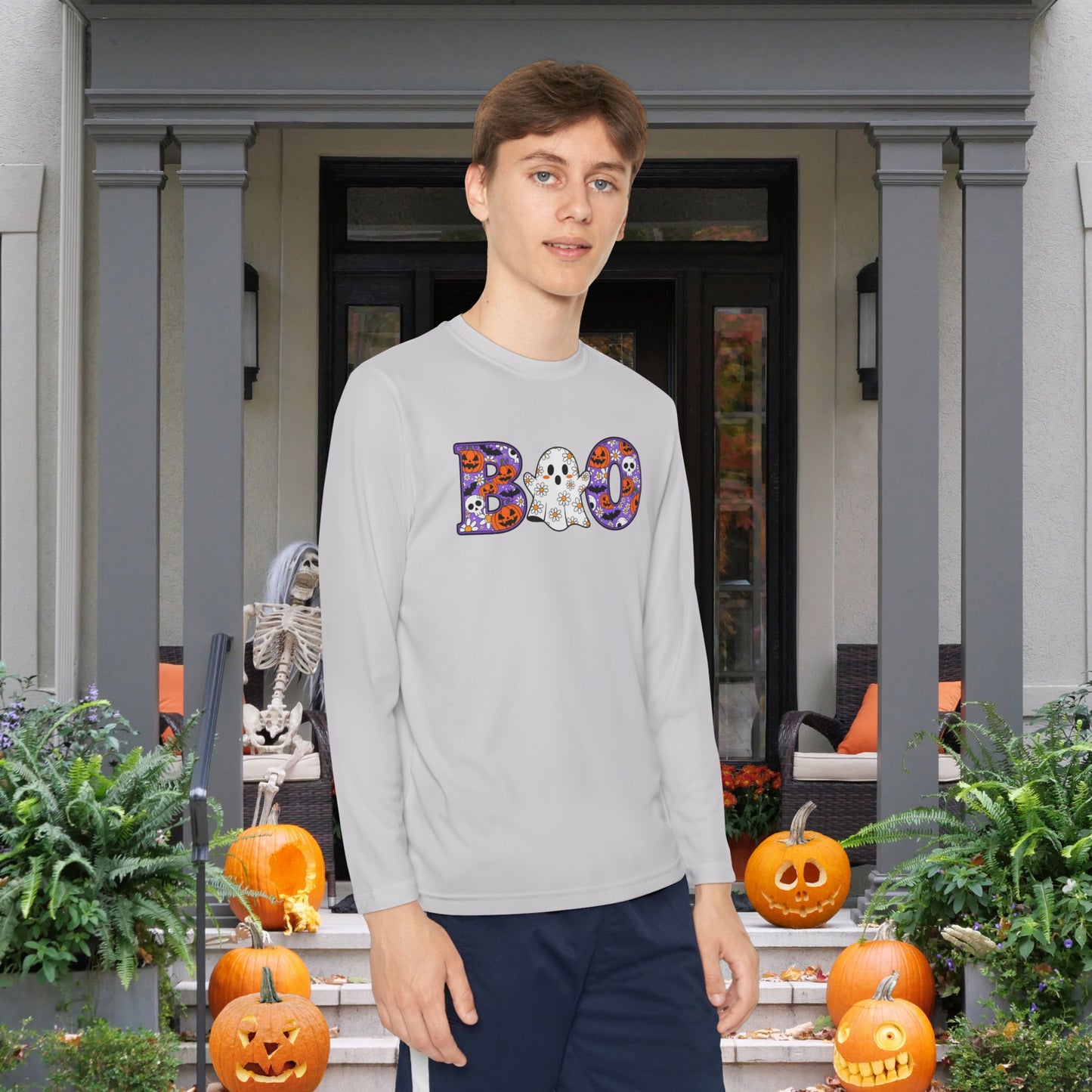 Cute Floral Boo w/Ghost Youth Long Sleeve Tee