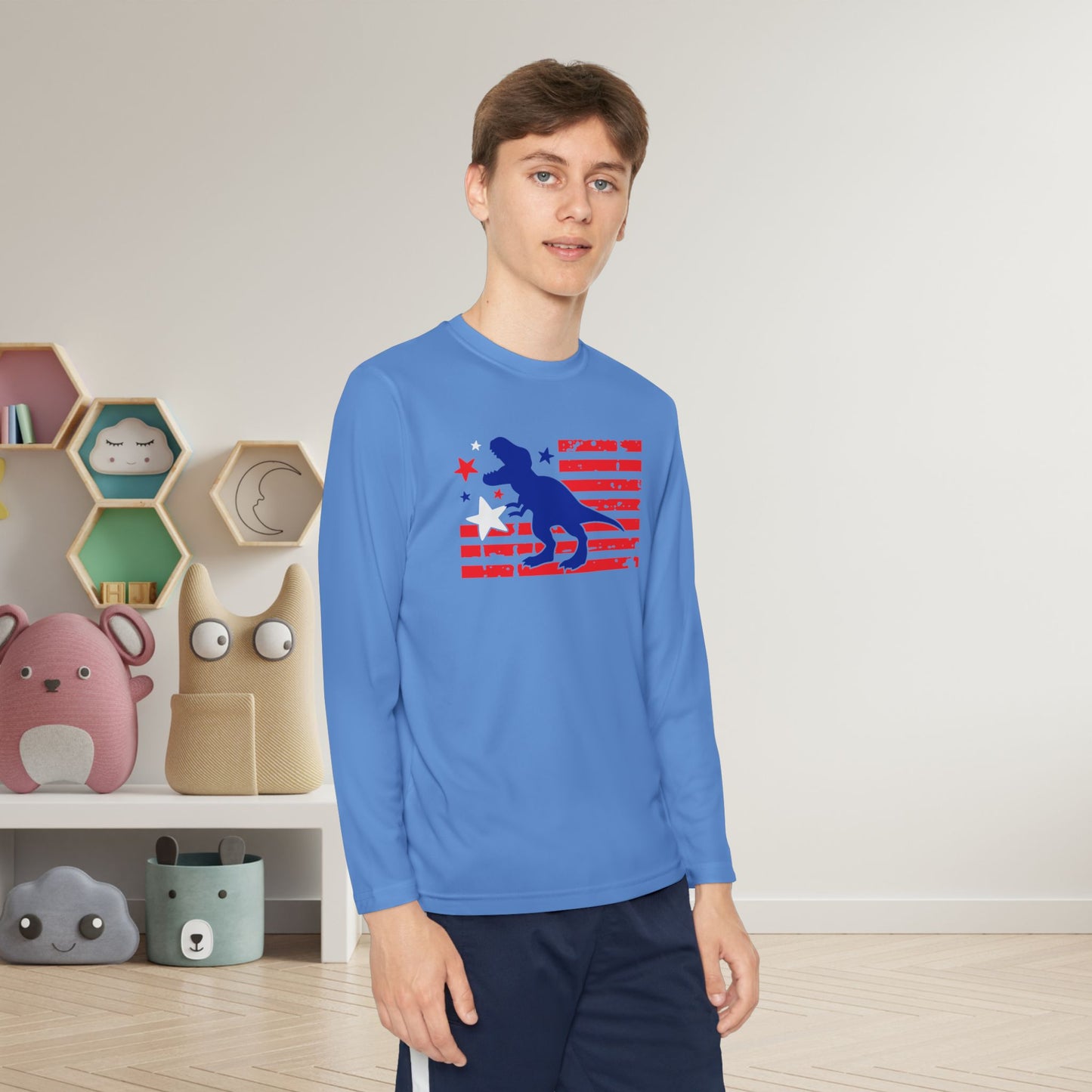 Distressed Patriotic T-Rex Youth Long Sleeve Tee