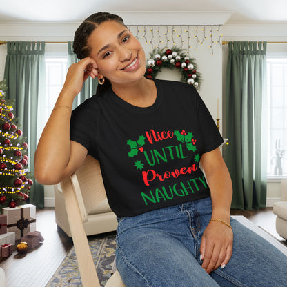 Nice Until Proven Naughty Adult T-shirt