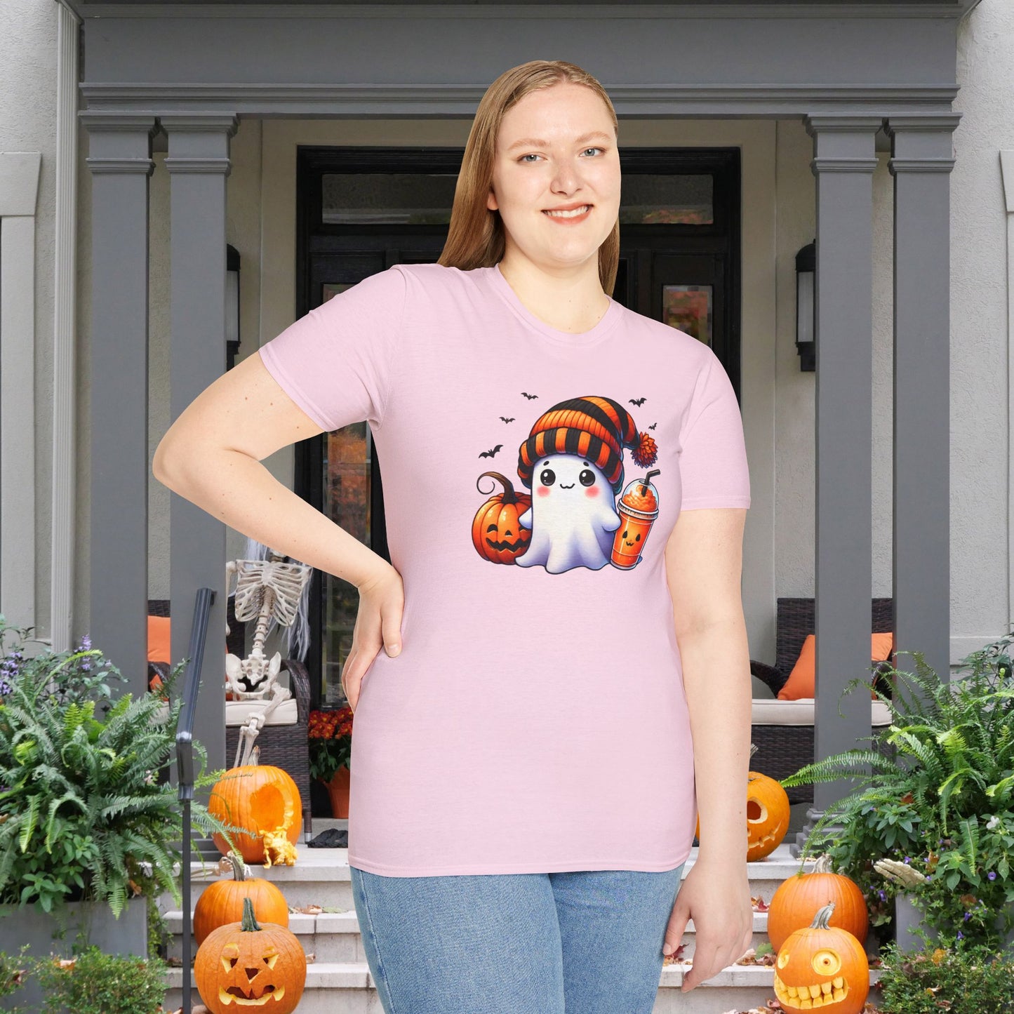 Cute Ghost w/Pumpkins Adult T-shirt