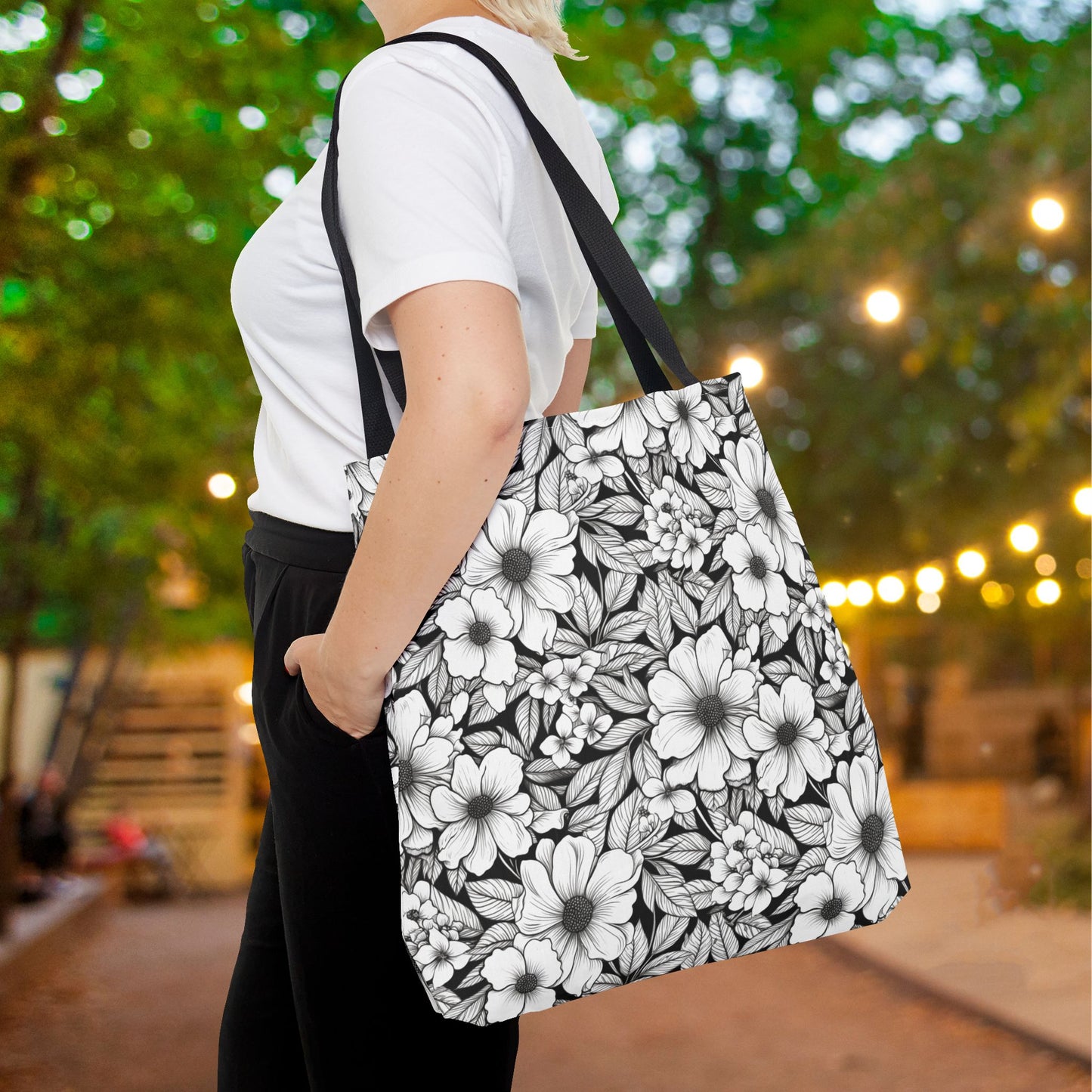 Black & White Forget-Me-Nots Canvas Tote Bag
