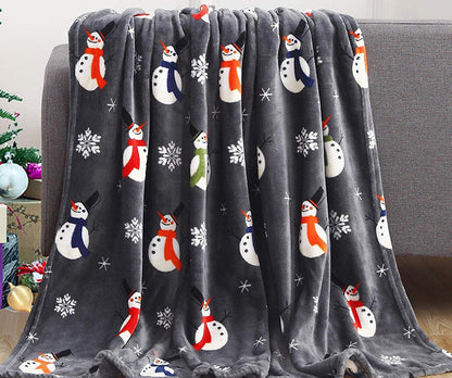 Christmas Reindeer Snowman Santa Claus Print Double-sided Flannel Couch Blanket