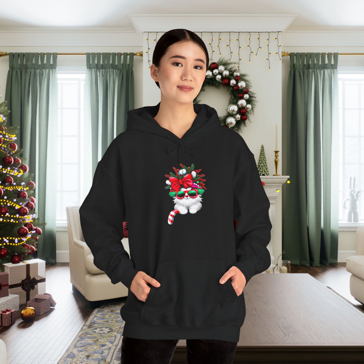 White Candy Cane Kitten Adult Heavy Blend™ Hoodie